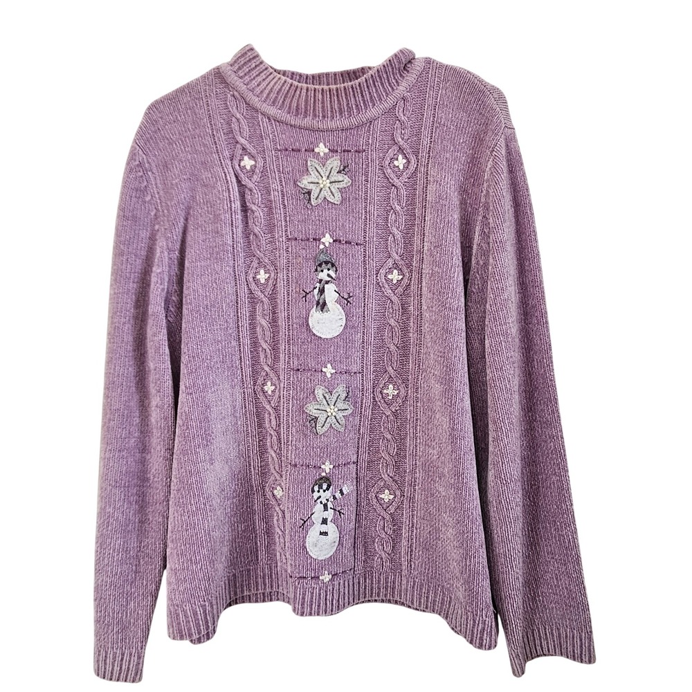 Alfred Dunner Womens Large Purple Chenille Snowman Snowflake Holiday Sweater L